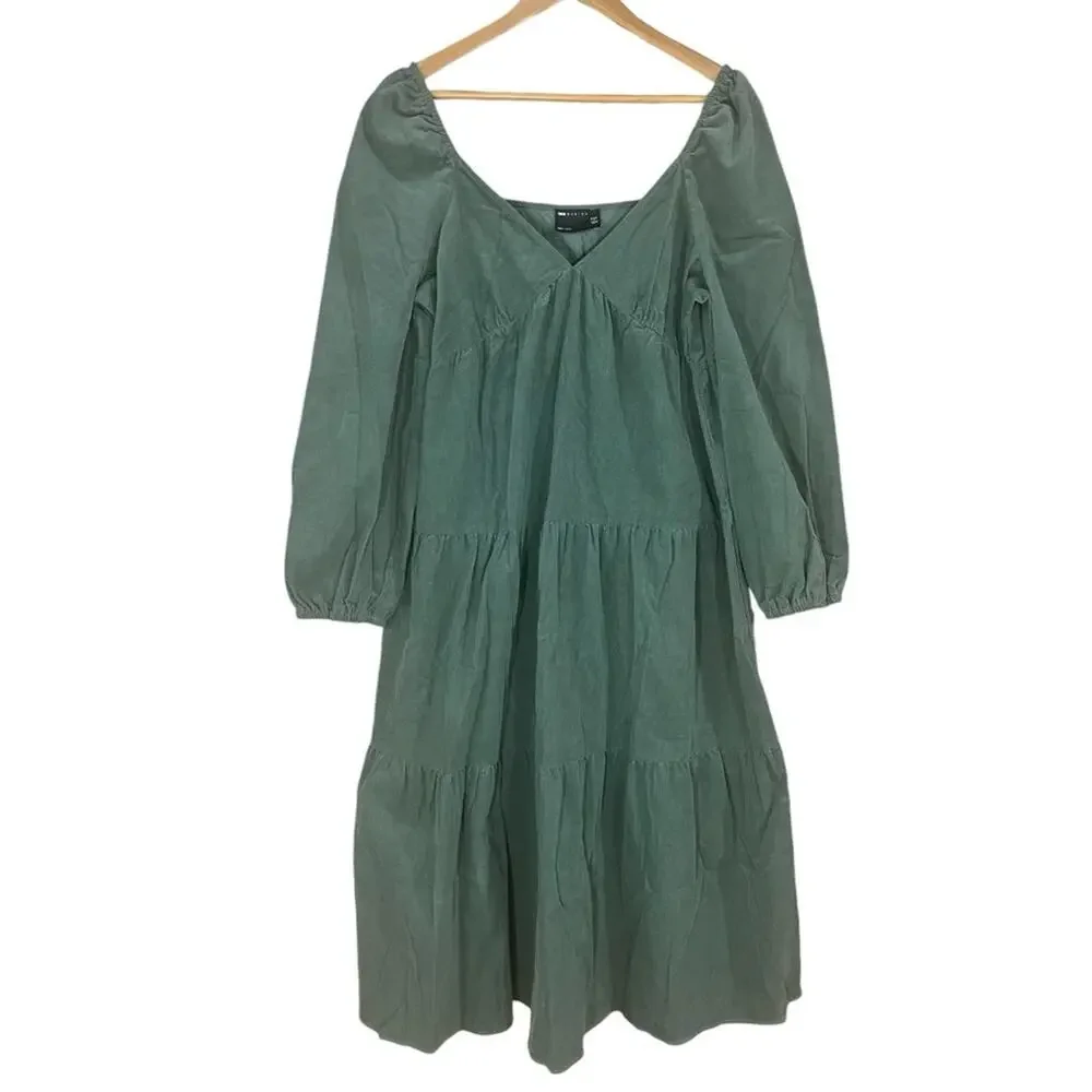 ASOS DESIGN tiered cord babydoll midi smock dress in green khaki SIZE 14 - Picture 4 of 7